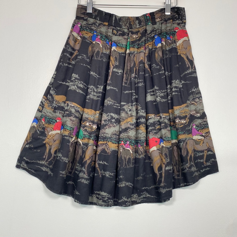 J.G. Hook Women Skirt Size 8 Black Equestrian Horse Racing Scenic Pleated Midi‎